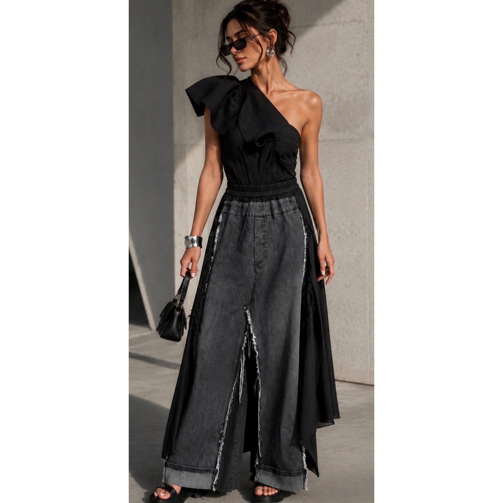 Kate Hewko FRAYED HEM GRAY DENIM PANEL SKIRT Avant Gard Grunge Small New